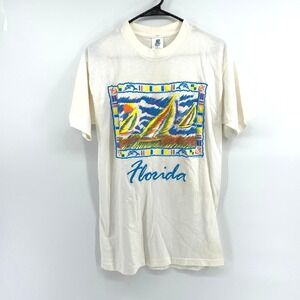 🚀 VTG 90s Puff Print Single-Stitch Florida‎ Sailboat T-Shirt Large Colorful